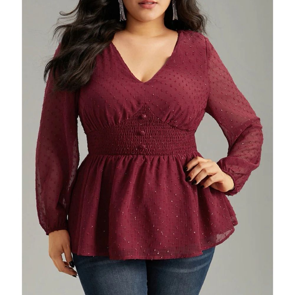 Bloomchic Smocked Lantern Sleeve Blouse Red